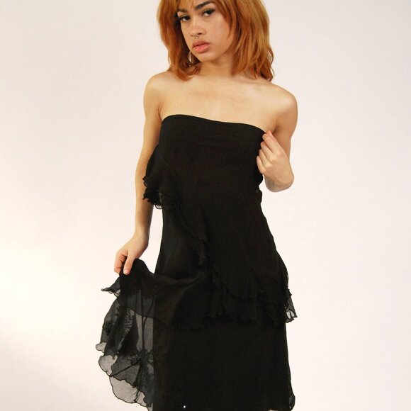 Vintage Dresses & Skirts - Frilly Silk Dress (S) vintage y2k black sequin ruffle small embroidered crepe